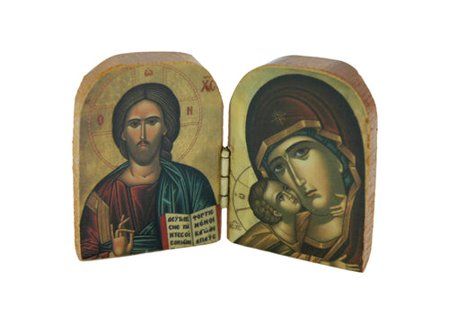 Greek Icon Small Diptych with traditional Byzantine style depicting Christ and Virgin Mary holding infant Jesus