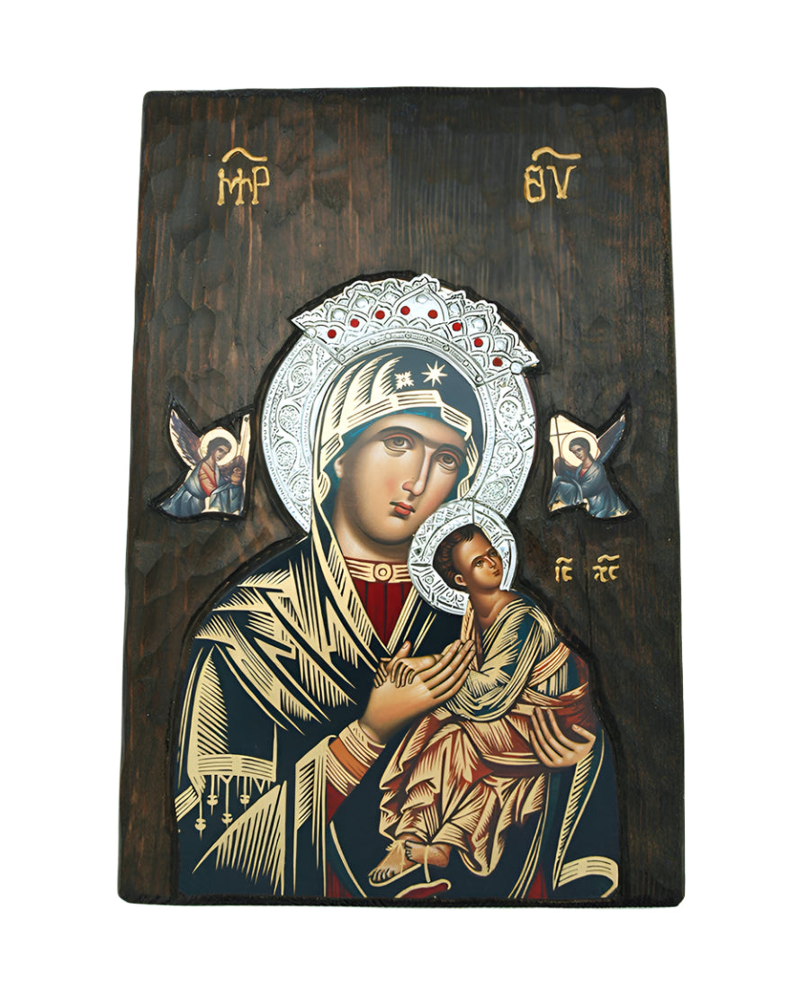 Hand painted serigraph of Madonna and Child on antique wood with gold leaf and silver inlay detailing