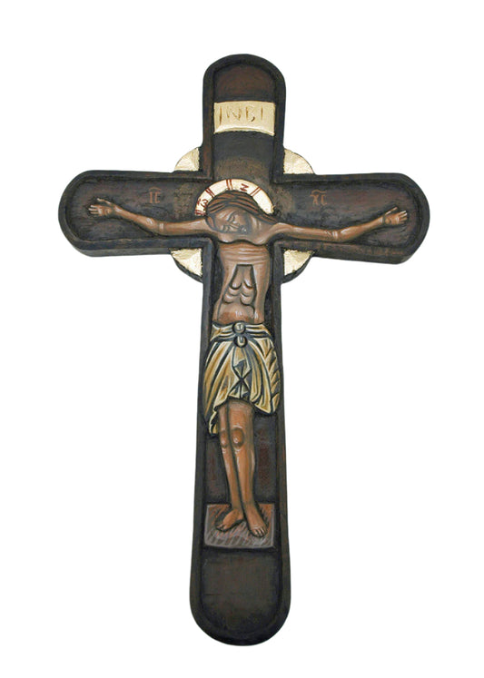 Hand painted Greek Icon Cross on antique wood featuring detailed crucifixion scene with gold and dark brown tones