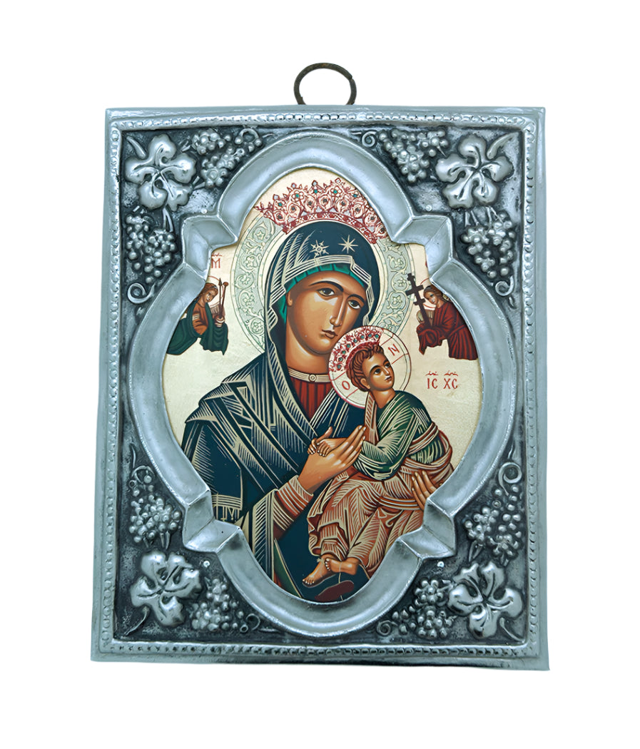 Polish hand-painted serigraph of Perpetual Help with detailed silver overlay and floral border design