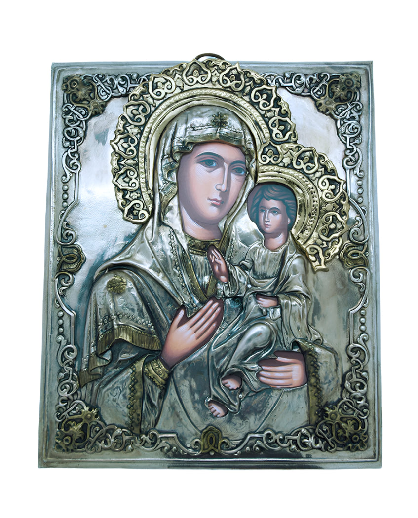Polish hand-painted serigraph of Perpetual Help with intricate silver overlay and detailed religious iconography