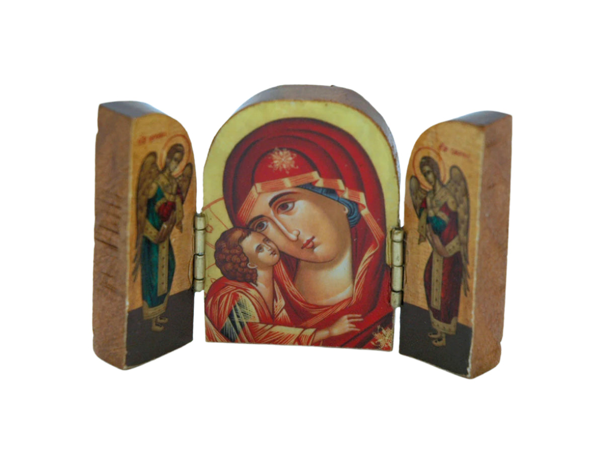 Small Greek Icon Triptych with detailed hand-painted saints and Virgin Mary holding baby Jesus, hinged wooden panels