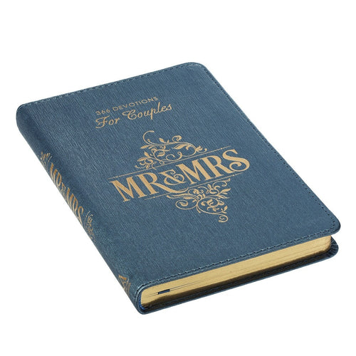 Blue faux leather devotional book titled Mr. & Mrs. 366 Devotions for Couples with gold embossed lettering and decorative design