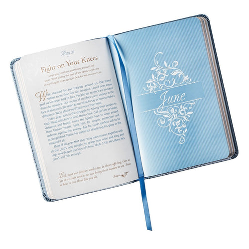 7 1/4" x 5" Mr. & Mrs. 366 Devotions for Couples blue faux leather devotional book with ribbon marker and embossed June chapter page