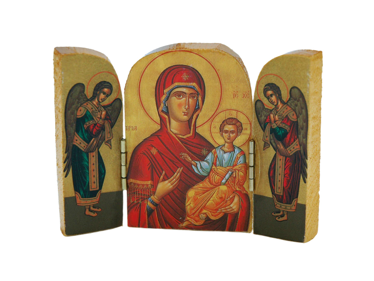 Greek Icon Medium Triptych featuring Virgin Mary with Child and angels on wooden panels in traditional Orthodox style