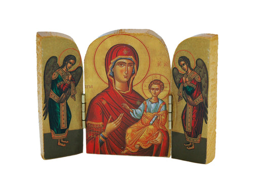 Greek Icon Medium Triptych featuring Virgin Mary with Child and angels on wooden panels in traditional Orthodox style