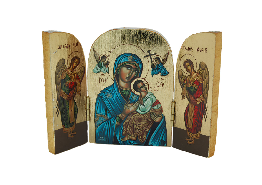Large handcrafted Greek Orthodox triptych icon with vibrant panels depicting Virgin Mary, Christ Child, and angels