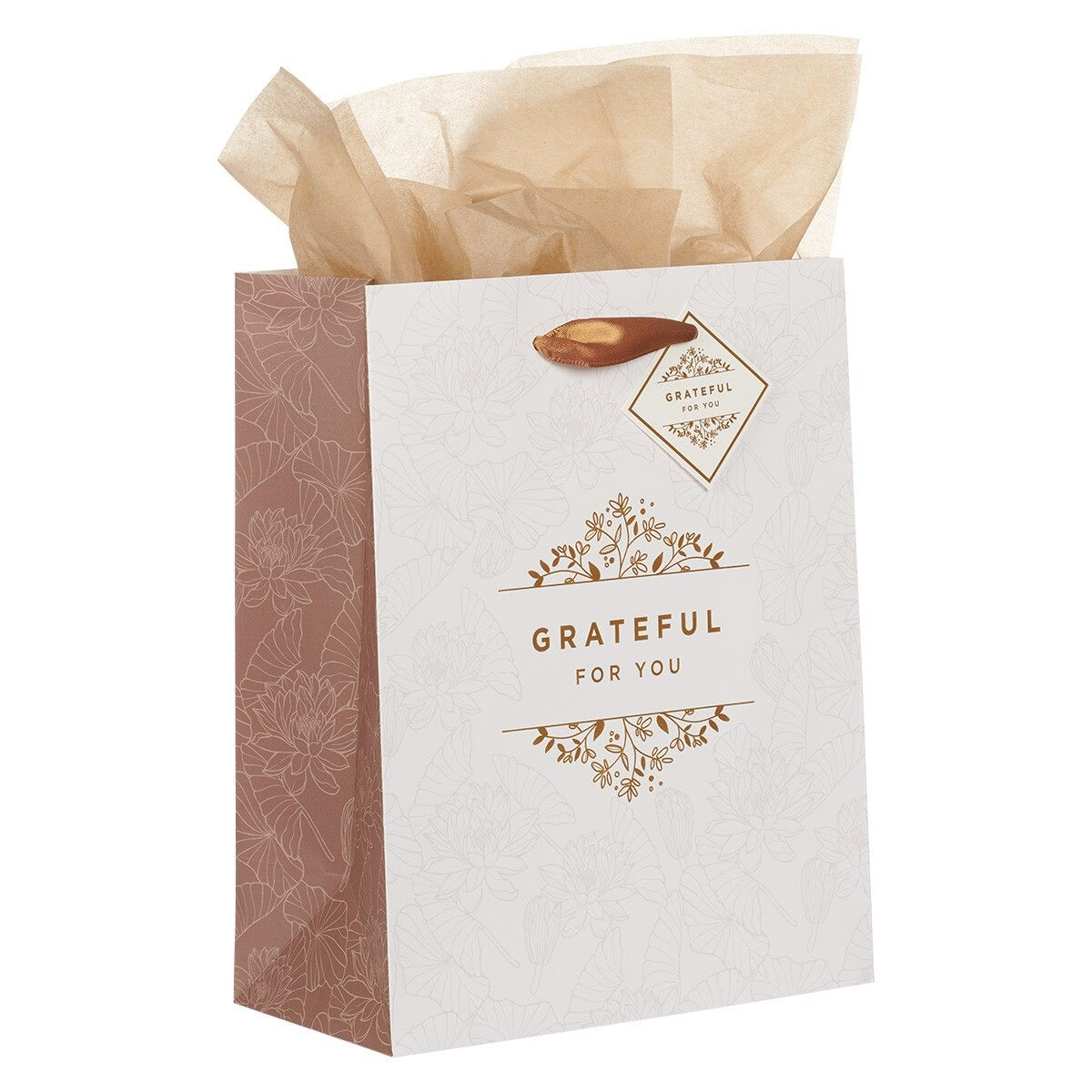 Medium white and gold gift bag with floral design, copper handles, "Grateful For You" text, and tissue paper inside