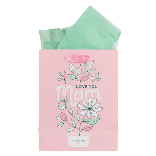 Medium pink gift bag with white daisy and colorful leaves, "I Love You Mom" and 1 Corinthians 13:4 scripture design