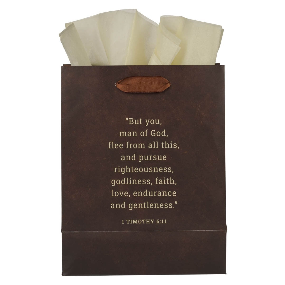 Brown medium gift bag with leather handle and 1 Timothy 6:11 scripture quote in cream text, filled with beige tissue paper