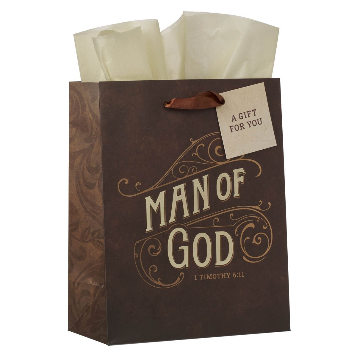 Medium brown gift bag with "Man of God 1 Timothy 6:11" text and decorative swirls, including a gift tag and tissue paper