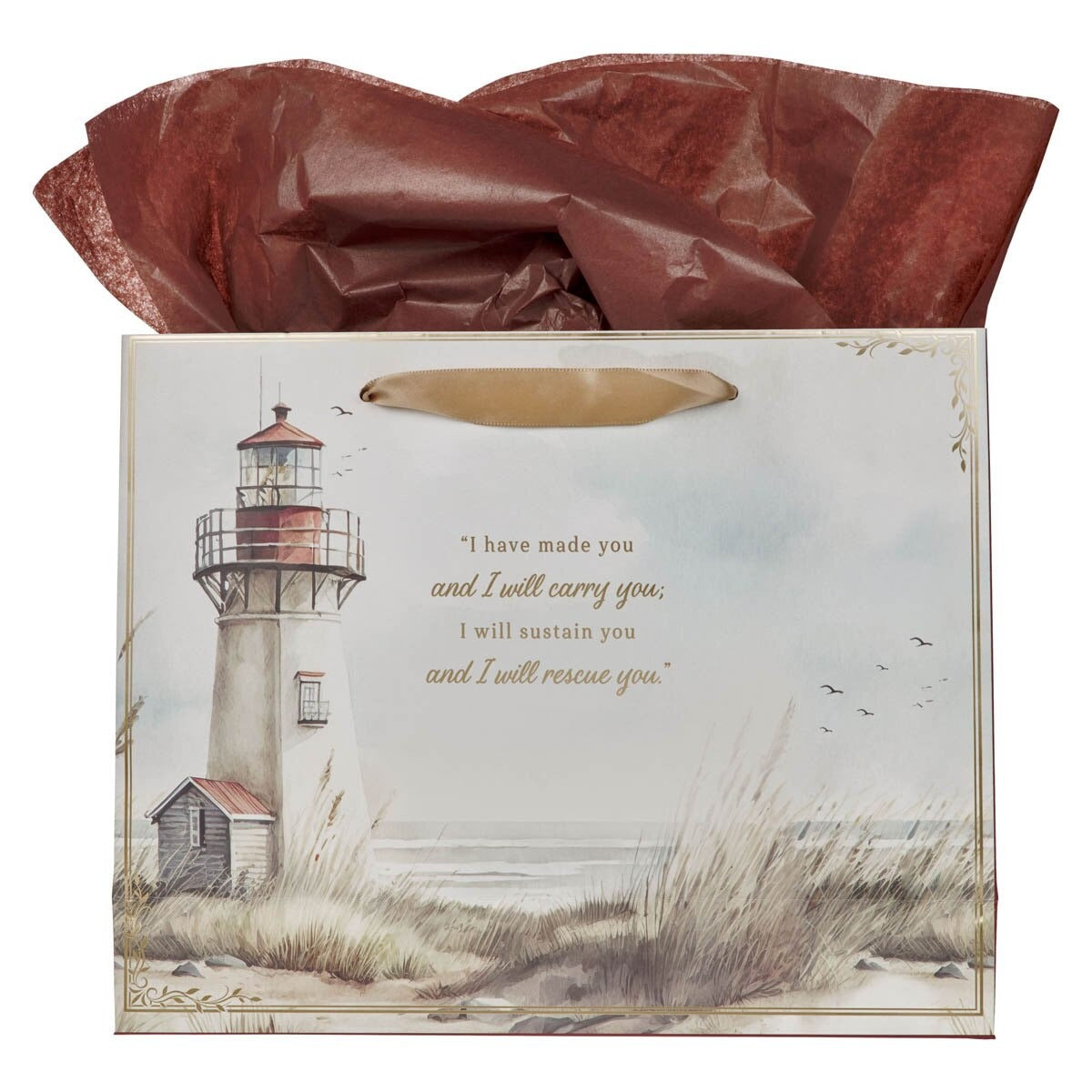 Large landscape gift bag with lighthouse design, Isaiah 46:4 scripture, and brown tissue paper inside
