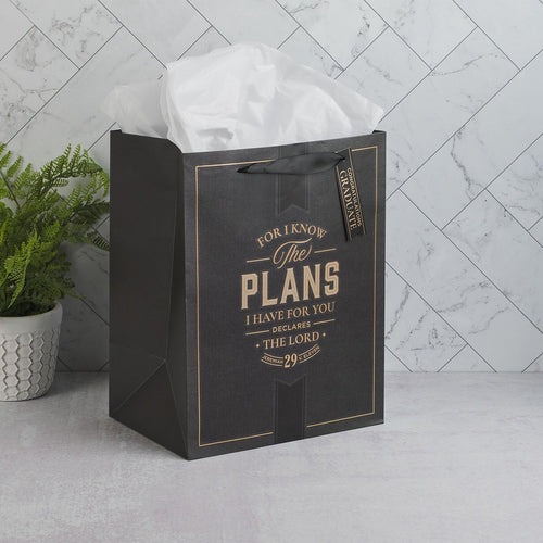 Large charcoal and gold portrait gift bag with Jeremiah 29:11 scripture and black ribbon handles, white tissue inside