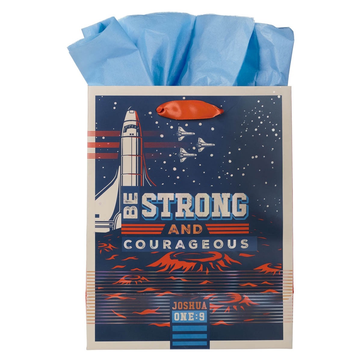 Medium blue space-themed gift bag with spaceship and "Be Strong and Courageous Joshua 1:9" text and blue tissue paper