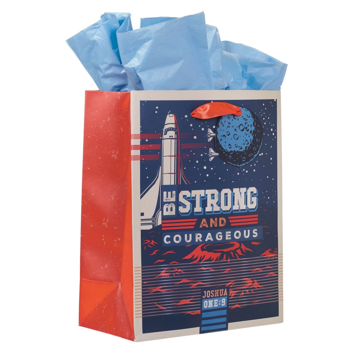 Medium gift bag with red and blue space design, spaceship, moon, and "Be Strong and Courageous Joshua 1:9" text