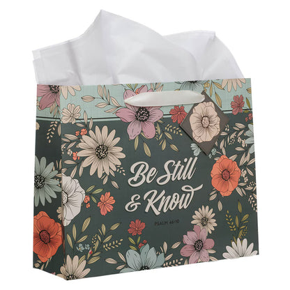 Be Still Teal Botanical Large Landscape Gift Bag - Psalm 46:10