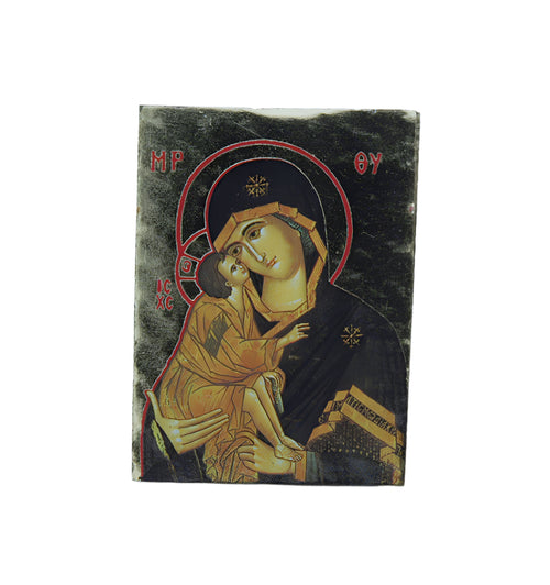 Greek Orthodox religious icon of Virgin Mary holding baby Jesus with traditional gold and red accents on wood panel
