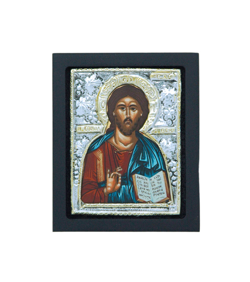 Greek Icon of Christ the Teacher with sterling silver plating, detailed religious artwork in decorative black frame