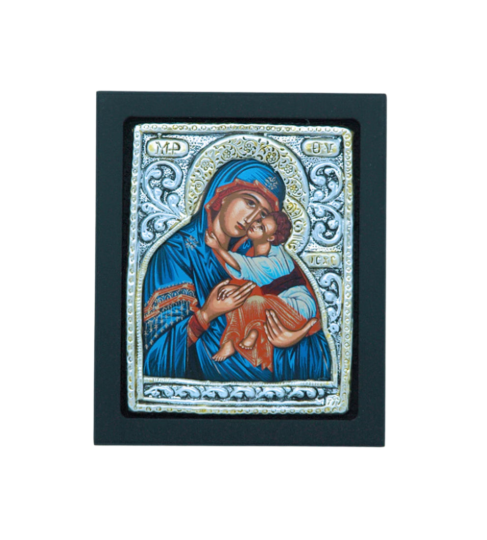 Greek Icon Blue Madonna with Child in sterling silver plated frame featuring intricate floral and scroll detailing