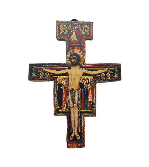 Greek San Damiano Cross 4" with vibrant colors depicting the crucifixion of Christ and surrounding figures in traditional icon style