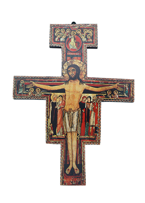 Greek San Damiano Wall Cross 9 1/2" with detailed crucifixion iconography and traditional Byzantine-inspired design