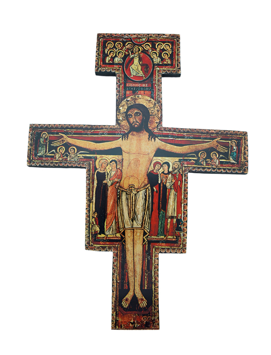 Greek San Damiano Cross featuring detailed Christ crucifixion imagery with surrounding saints on a traditional painted wooden cross
