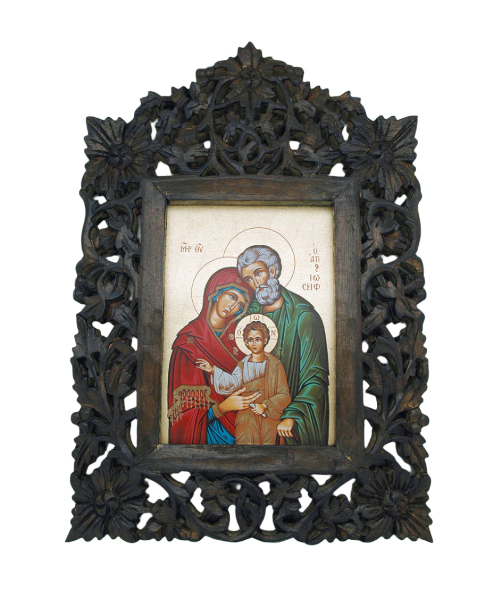 Greek Icon hand painted serigraph of Holy Family set in intricately carved dark wood frame with floral motifs