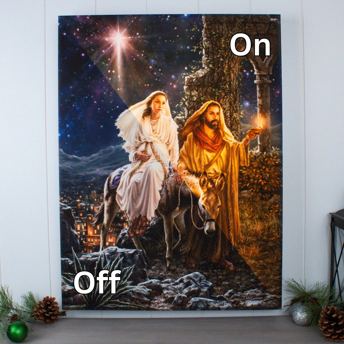Journey to Bethlehem nativity scene illuminated canvas print with Mary on donkey and Joseph holding lamp, 18" x 24" wall art