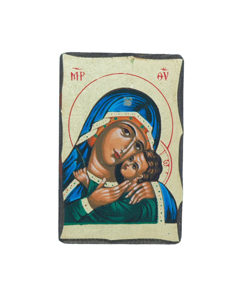 Greek hand-painted serigraph table icon of Virgin Mary and baby Jesus with gold background on wooden base