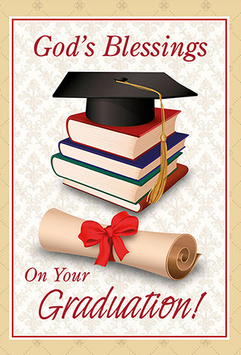 4 5/8 x 6 3/4 graduation card with gold foil, embossed detail, stack of books, cap, and diploma tied with red ribbon