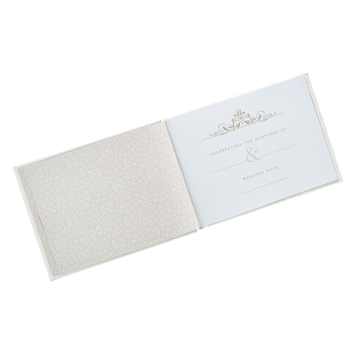 Opened White Lace Mr. & Mrs. wedding guest book with elegant gold foil design and space for names and wedding date