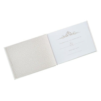 Opened White Lace Mr. & Mrs. wedding guest book with elegant gold foil design and space for names and wedding date