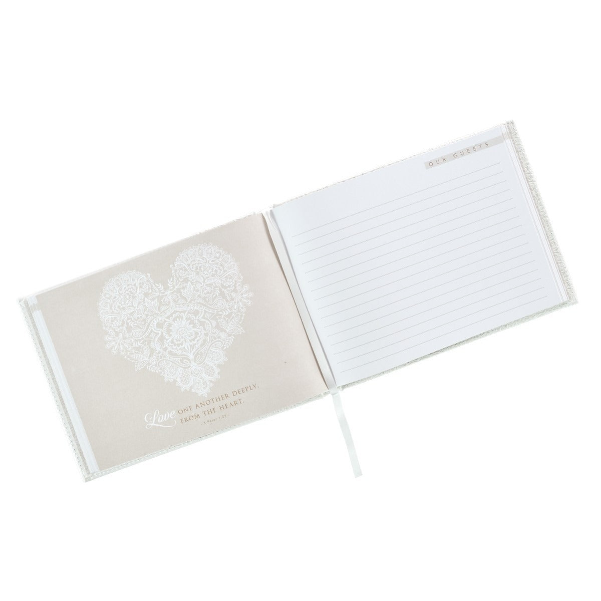 White Lace Mr. & Mrs. wedding guest book open showing lace heart design and lined pages with satin ribbon bookmark