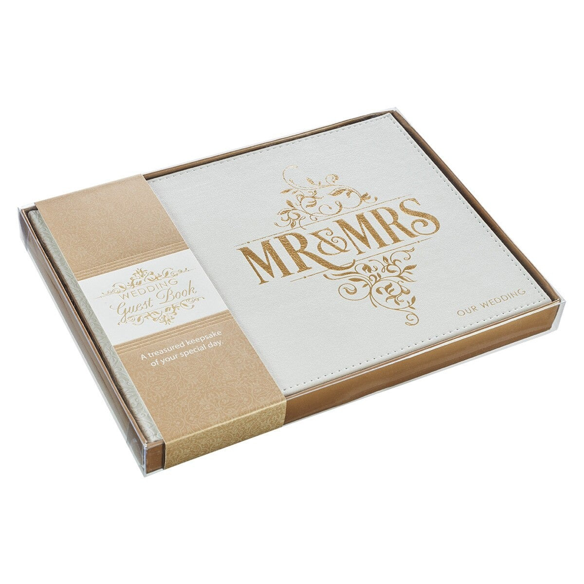 White lace Mr. & Mrs. wedding guest book with gold foil lettering and intricate floral design on cover in gift box packaging