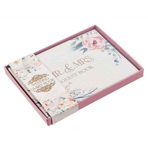 Medium peachy-pink floral faux leather wedding guest book with gold lettering Mr. & Mrs. and delicate flower design