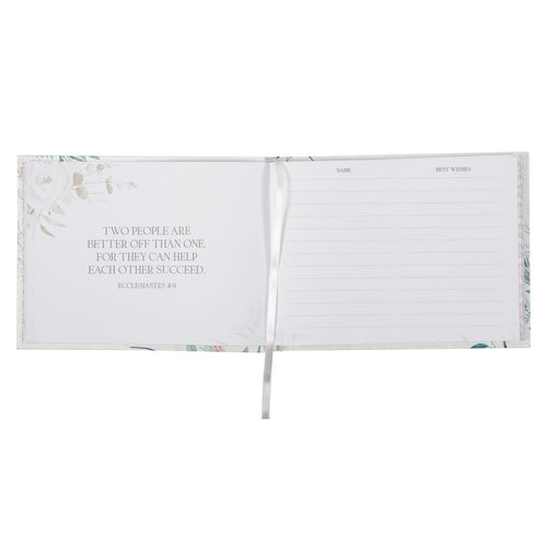 Medium faux leather wedding guest book open to Ecclesiastes 4:9 quote and lined page for names and best wishes