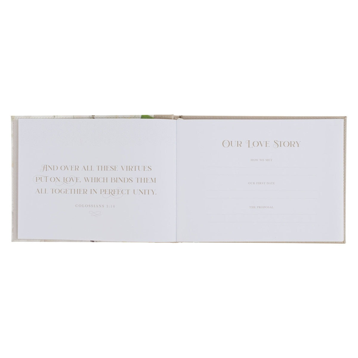 Love Ivory faux leather medium guest book open to pages with gold foil text and love story prompts