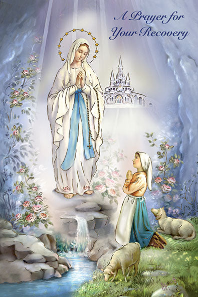 4 1/2 x 6 3/4 Our Lady of Lourdes greeting card with hand-painted figure, prayer scene, and hot gold text decoration