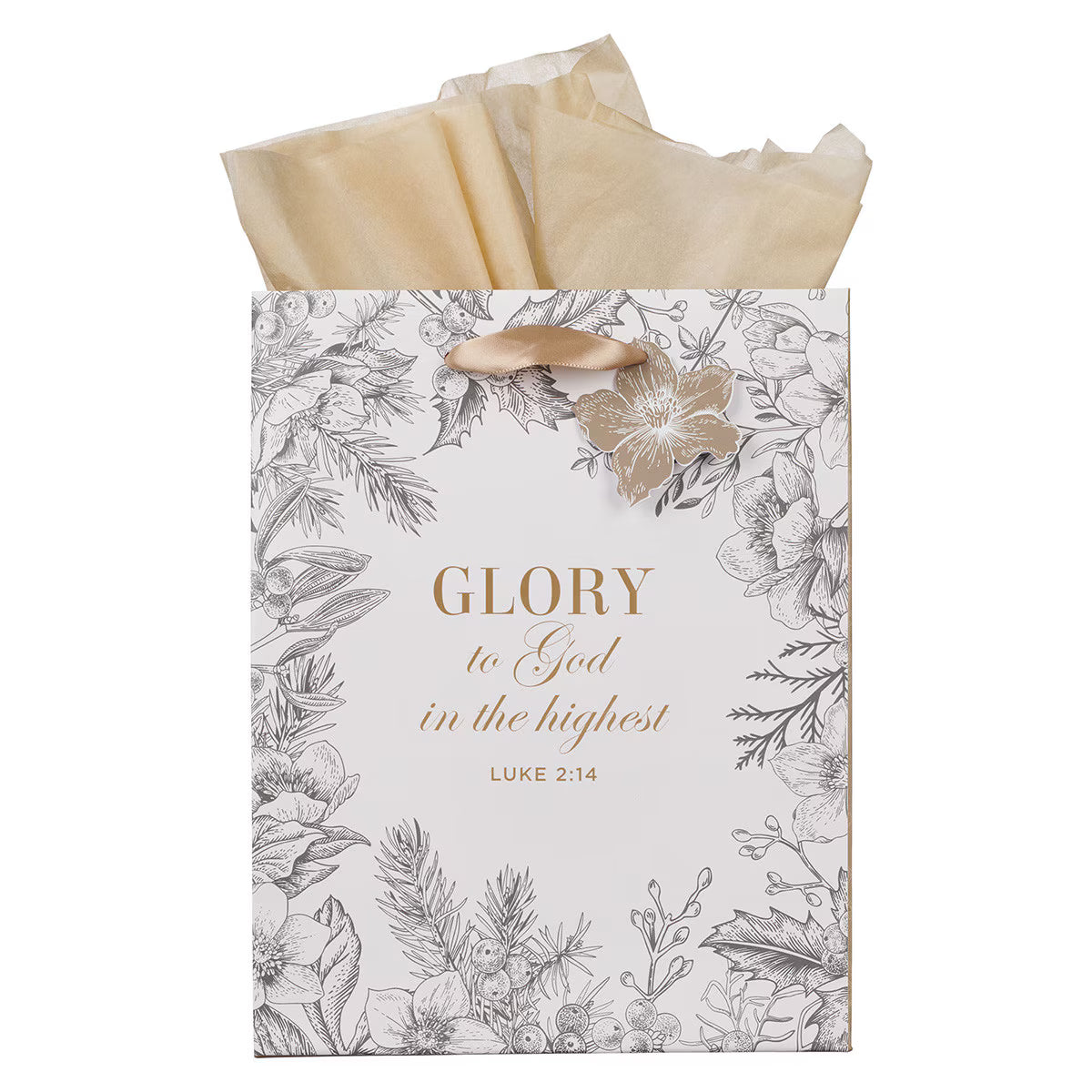Medium winter botanical gift bag with "Glory to God in the highest Luke 2:14" text and gold floral accents