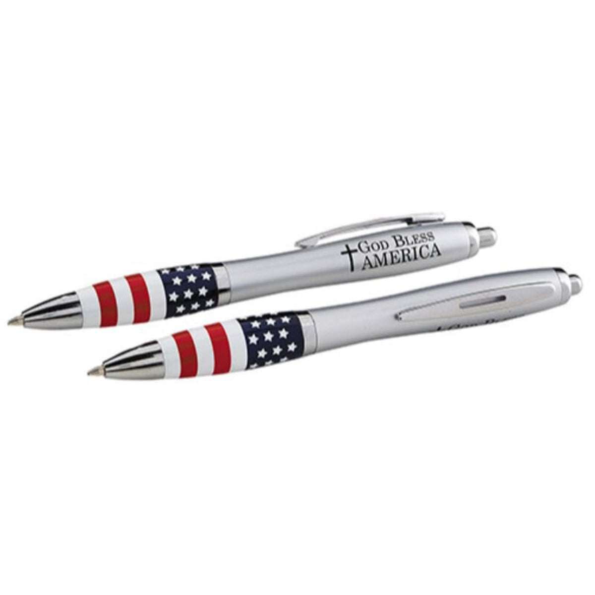 Silver pen with American flag design at base and "God Bless America" text with cross near clip