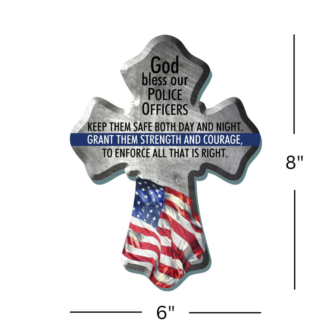 6" x 8" wooden wall cross with American flag design and prayer blessing for police officers' strength and safety
