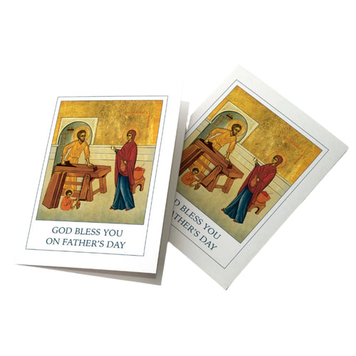 God Bless You on Father’s Day greeting card with religious artwork depicting a man, woman, and child in a gold background