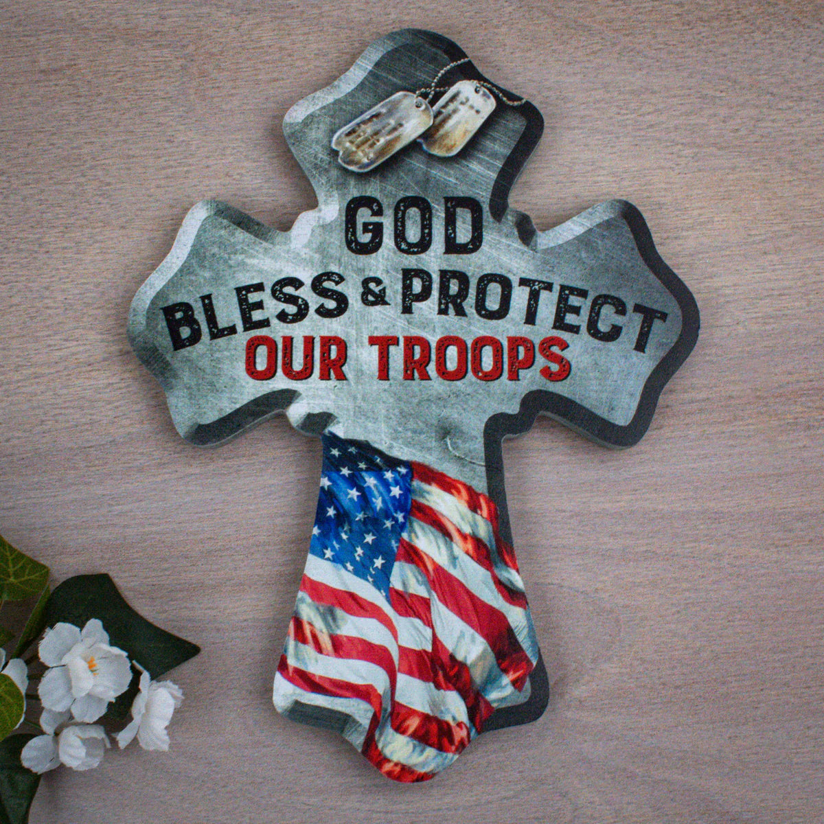 6" x 8" wood wall cross with patriotic American flag, dog tags, and bold God Bless Our Troops text