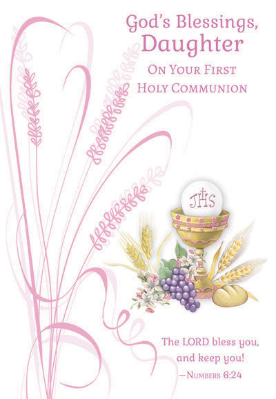 God's Blessing Daughter On Your First Holy Communion card with pink wheat design and chalice with grapes and bread illustration