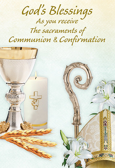 Greeting card with gold foil text, chalice, candle, bishop’s staff, and white lilies for Communion and Confirmation blessings