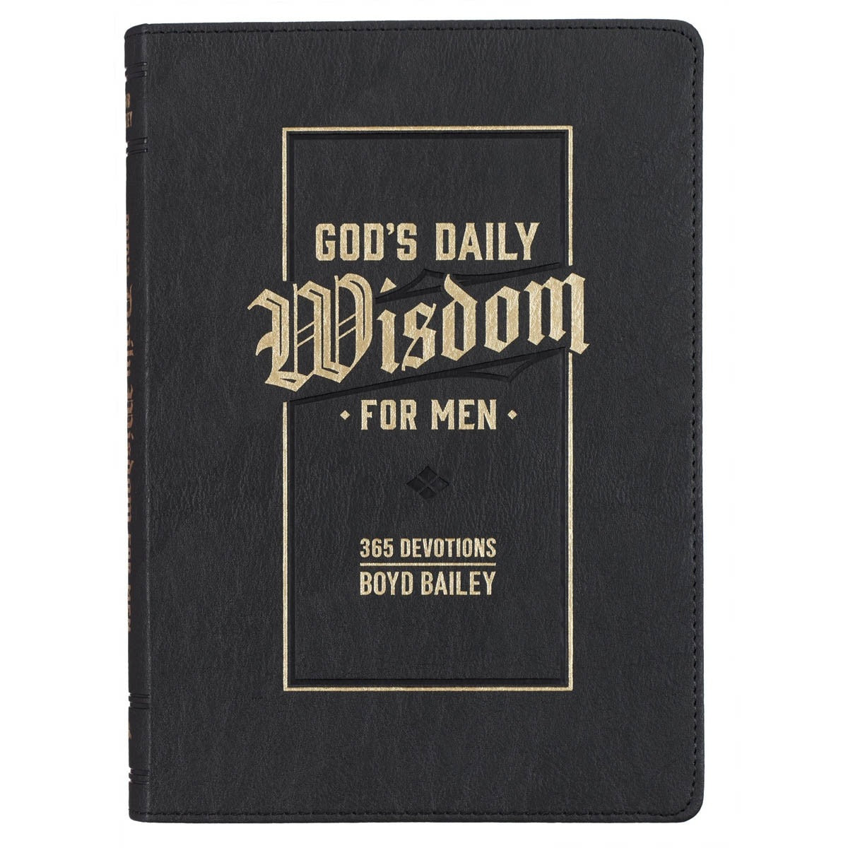 7" black faux leather devotional book titled God's Daily Wisdom for Men with gold embossed text and decorative border