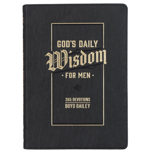 7" black faux leather devotional book titled God's Daily Wisdom for Men with gold embossed text and decorative border