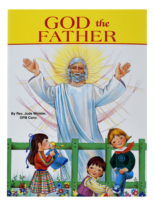 God the Father book cover by Rev Jude Winkler with illustrated children and radiant figure of God on yellow background