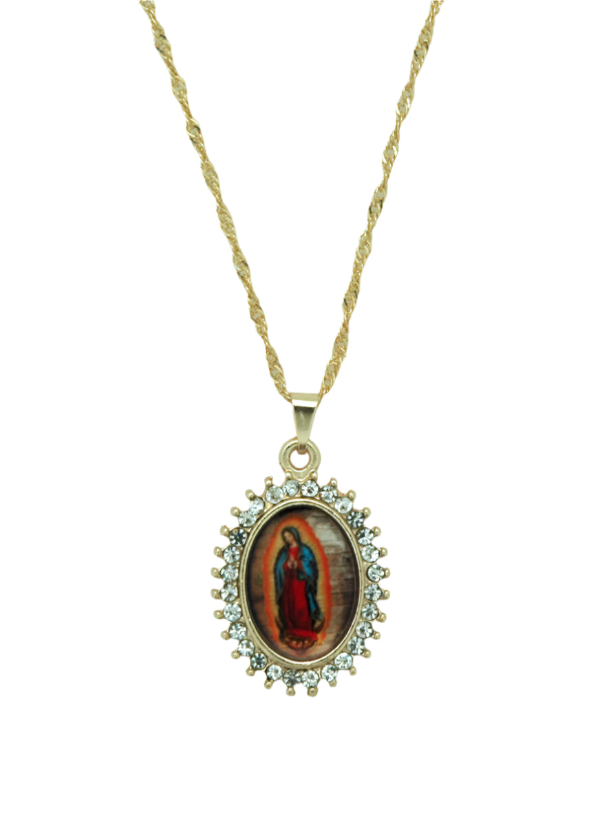Gold-plated Our Lady of Grace pendant necklace with crystal accents on a 20-inch twisted chain, Brazilian craftsmanship