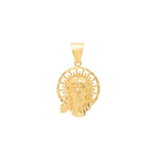 1 1/4" gold plated bronze pendant featuring the Holy Face of Jesus with detailed halo design on white background